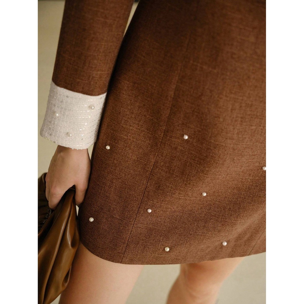 MOTF Womens Mini Dress Large Brown Pearl Trim White Tweed Collar Cuffs - Picture 3 of 13